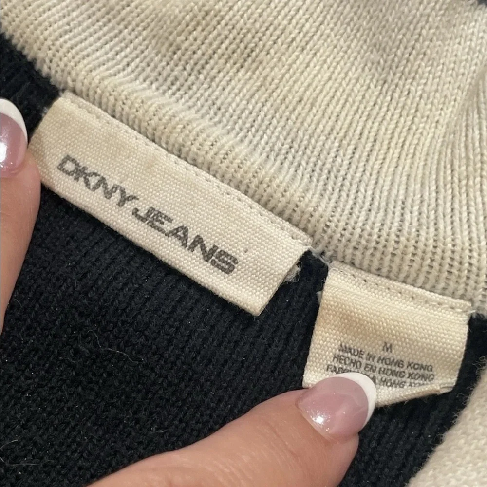 90s DKNY active fitted 2 tone quarter zip pullover sweater black‎ ivory Ribbed M